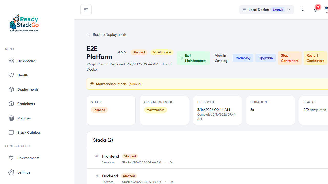 Stacks zeigen Stopped-Status während Maintenance