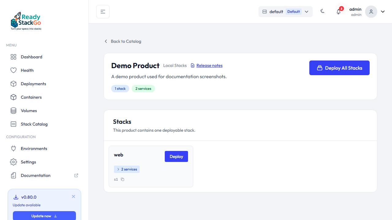 Release-Notes-Button auf der Stack-Katalog-Produktseite