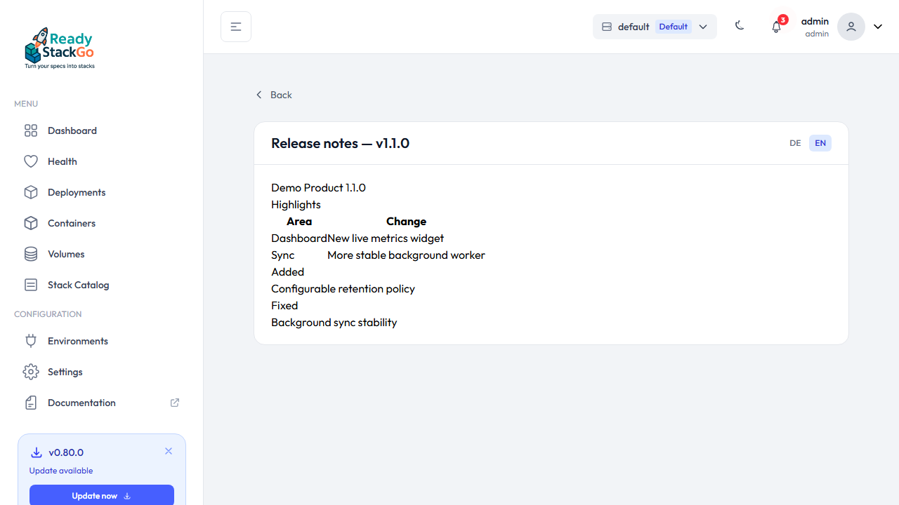 Eigene Release-Notes-Seite mit gerendertem Changelog und Tabelle