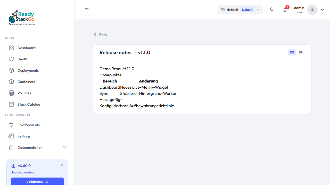 Release-Notes-Seite mit Sprachumschalter