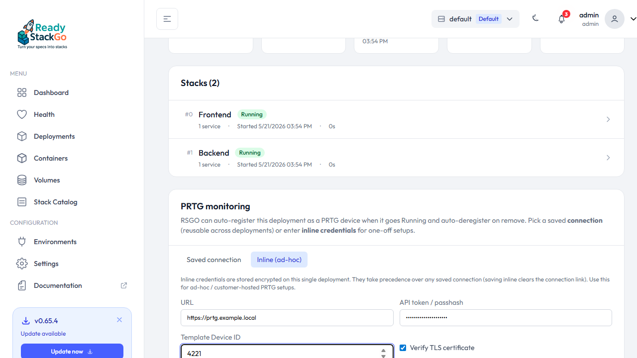 Inline-Tab der PRTG-monitoring-Card mit URL/Token/Template-Device-ID/Verify-TLS-Feldern und Save/Clear-Buttons