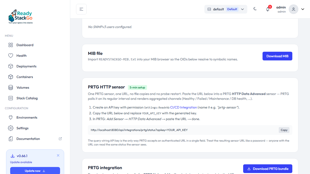 PRTG integration card auf der SNMP-Settings-Seite mit Download-Button und 4-Schritt-Anleitung