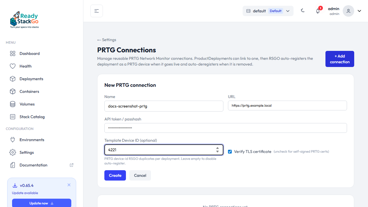 Add-PRTG-Connection-Formular mit Name, URL, API token, Template Device ID und Verify-TLS-Checkbox