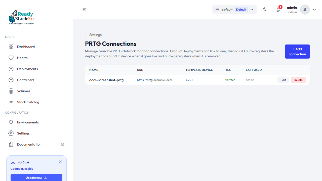 PRTG-Connections-Liste mit dem neu erstellten Eintrag, Spalten für URL, Template-Device und Last-used