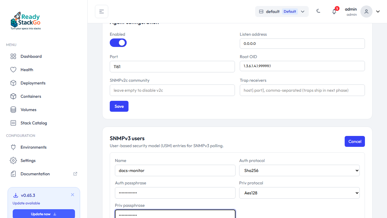 SNMPv3-User-Formular mit allen Feldern ausgefüllt