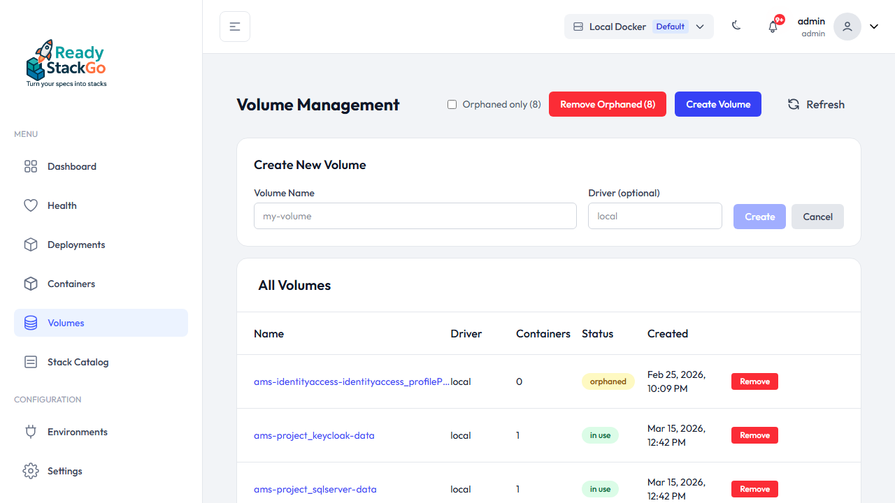 Create-Formular für ein neues Volume