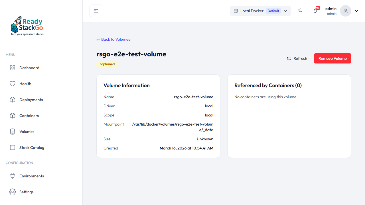 Volume-Detail-Seite mit Informationen und Container-Referenzen