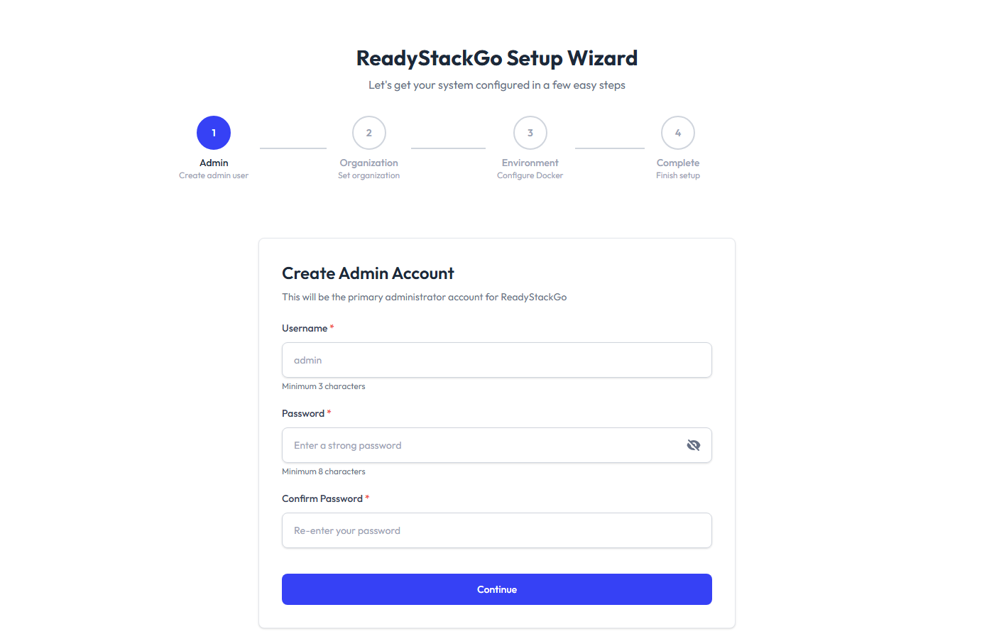 Wizard Schritt 1: Admin-Account erstellen
