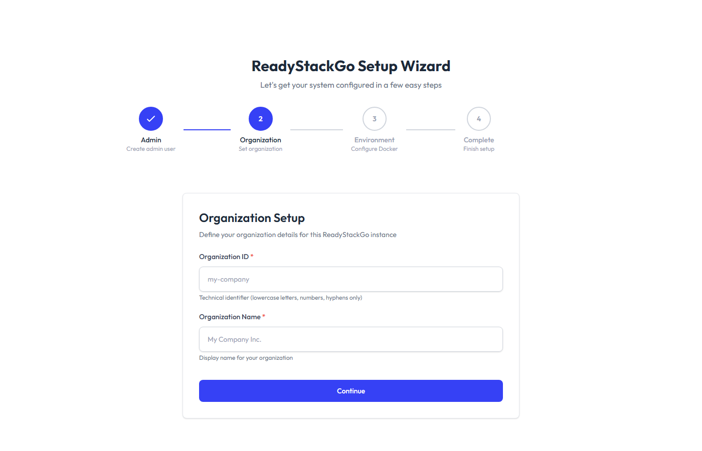 Wizard Schritt 2: Organisation konfigurieren